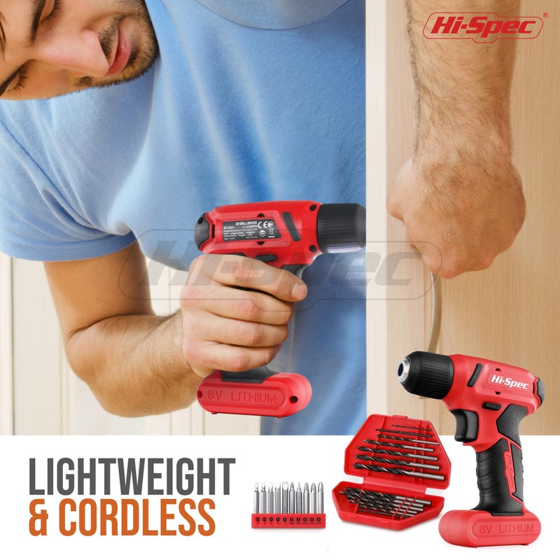 Hi-Spec 58pc Red 8V USB Electric Power Cordless Drill Driver and Home DIY Tool Kit Set. Screw Driver and Drill Bit Set Accessories, Pliers and Hammer In a Toolbox Case - Image 4